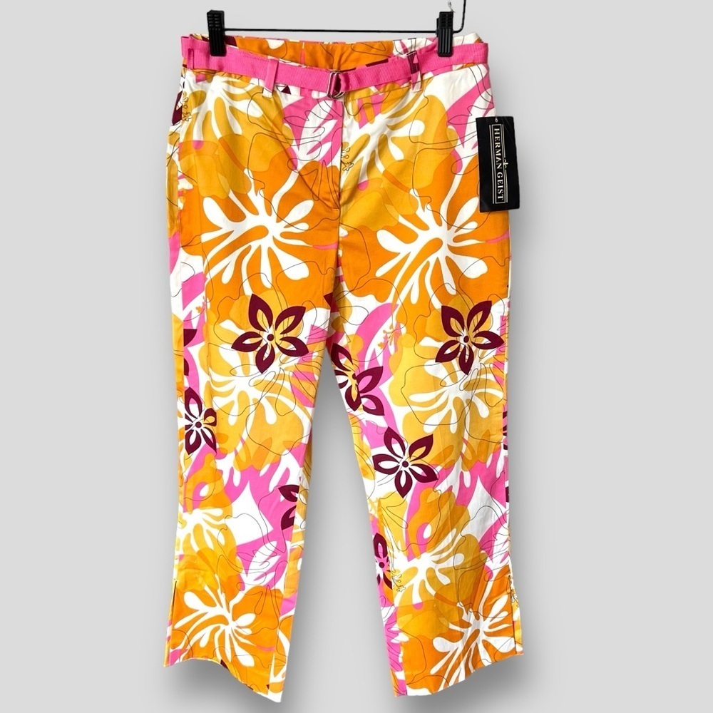 Herman Geist Womens mid-rise multicolor floral pants slit hems.